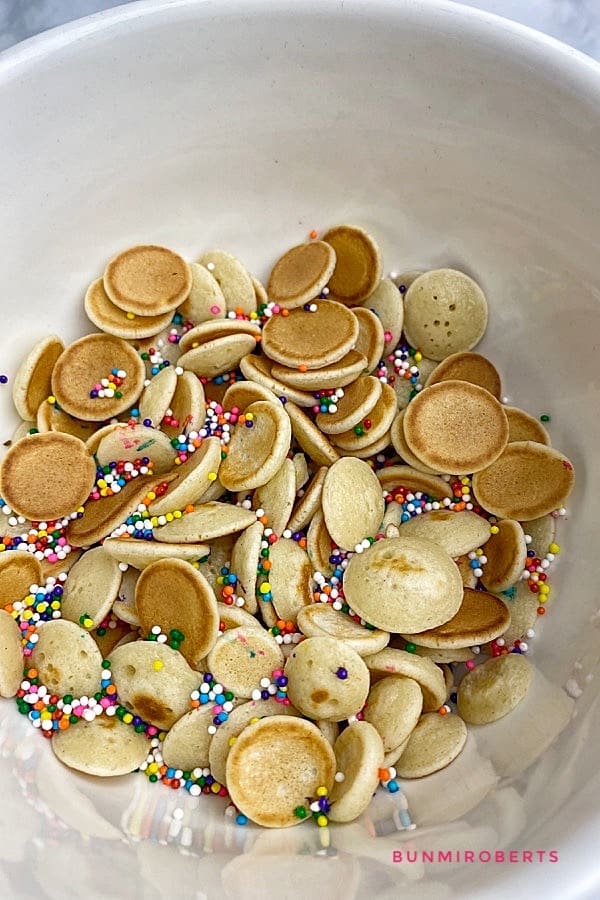 cereal pancake in a bowl served with sprinkles
